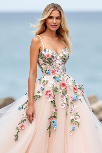 Blush A Line Floral Wedding Dress with 3D Folwers